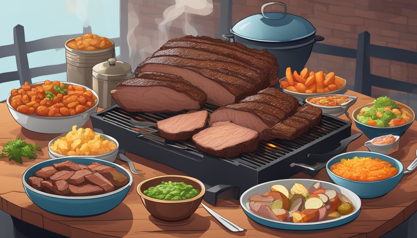 A thick slab of brisket sizzling on a smoking grill, surrounded by a variety of flavorful side dishes and accompaniments