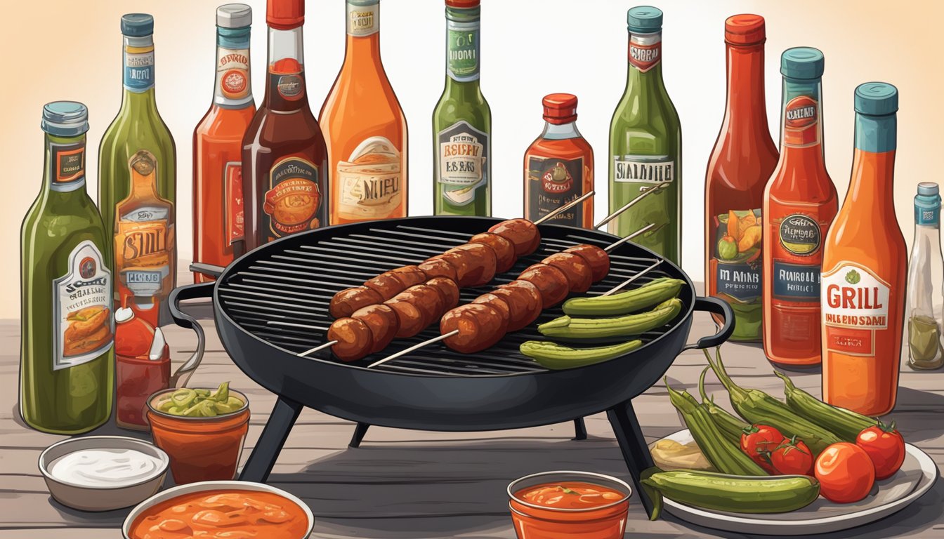 A smoky grill with sizzling skewers of spicy sausage, charred tomatoes, and pickled okra, surrounded by bottles of hot sauce and bloody mary mix