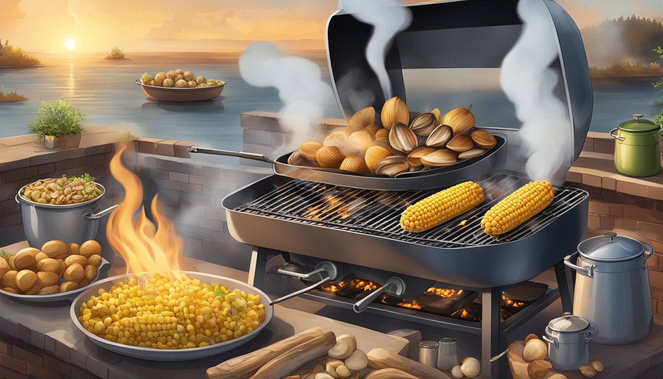 A large grill with an open flame surrounded by pots filled with clams, corn on the cob, and potatoes. Smoke rises into the air as the food cooks