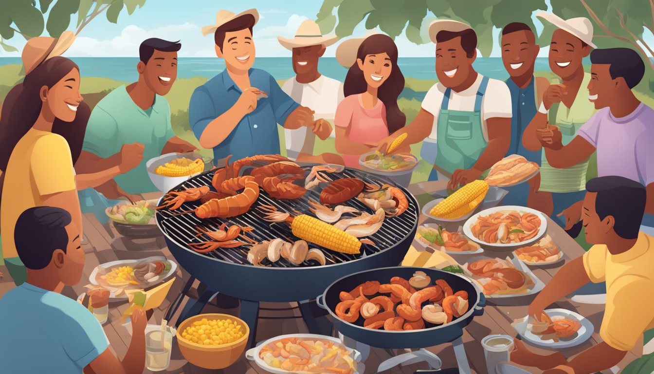 A large grill with sizzling seafood, corn, and sausages surrounded by friends and family enjoying a Texas-style clambake