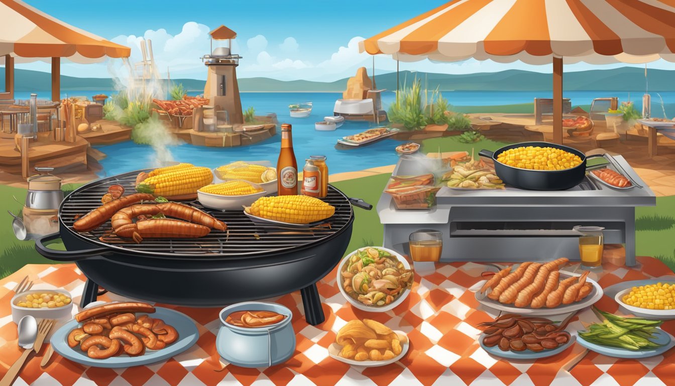 A large grill sizzling with a variety of seafood, sausages, and corn on the cob, surrounded by a Texas BBQ-style setup with checkered tablecloths and cowboy hats