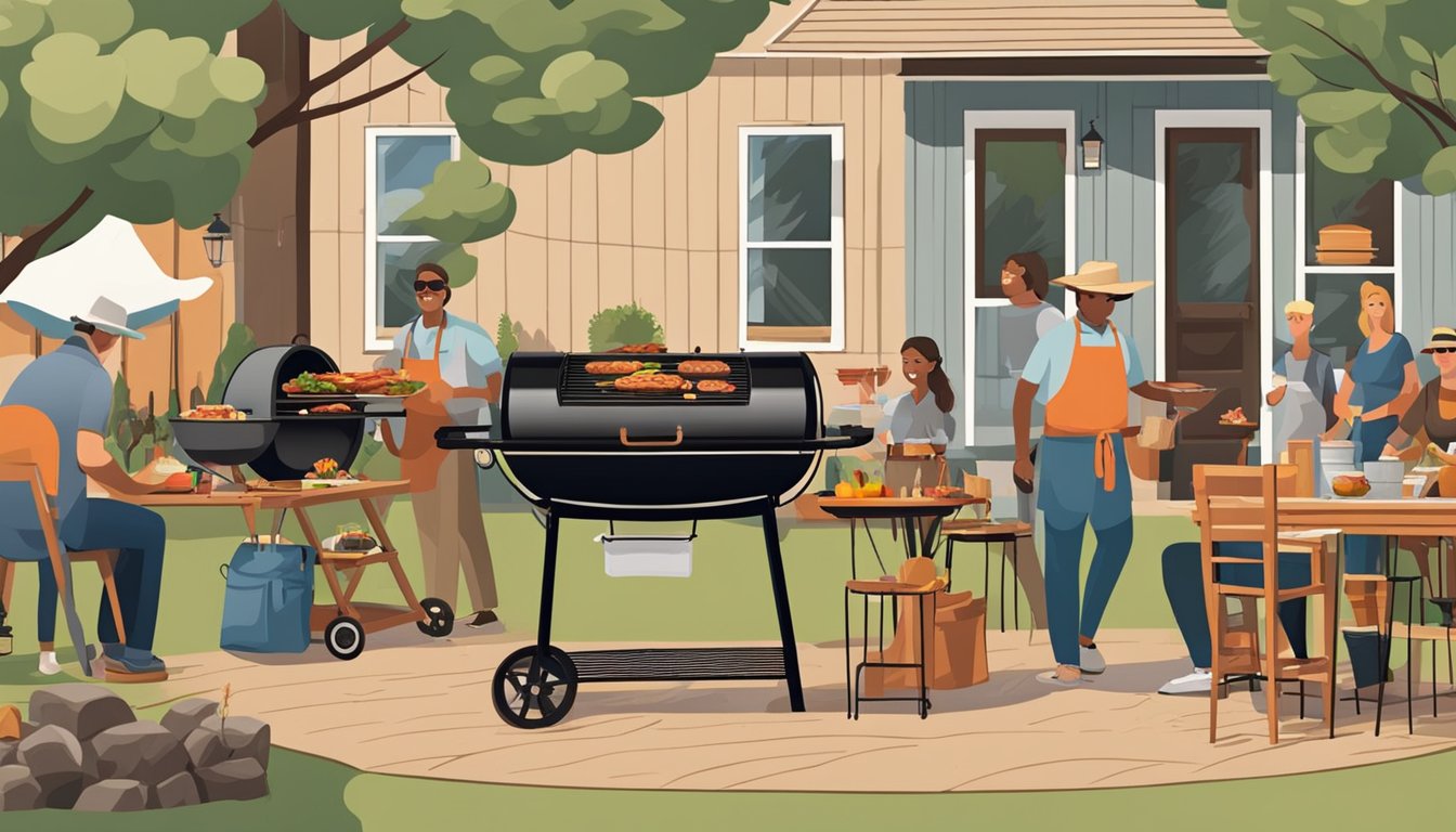 A backyard BBQ setup with a smoker, grill, and various BBQ tools. Tables with Texas-style BBQ dishes and guests sampling the food