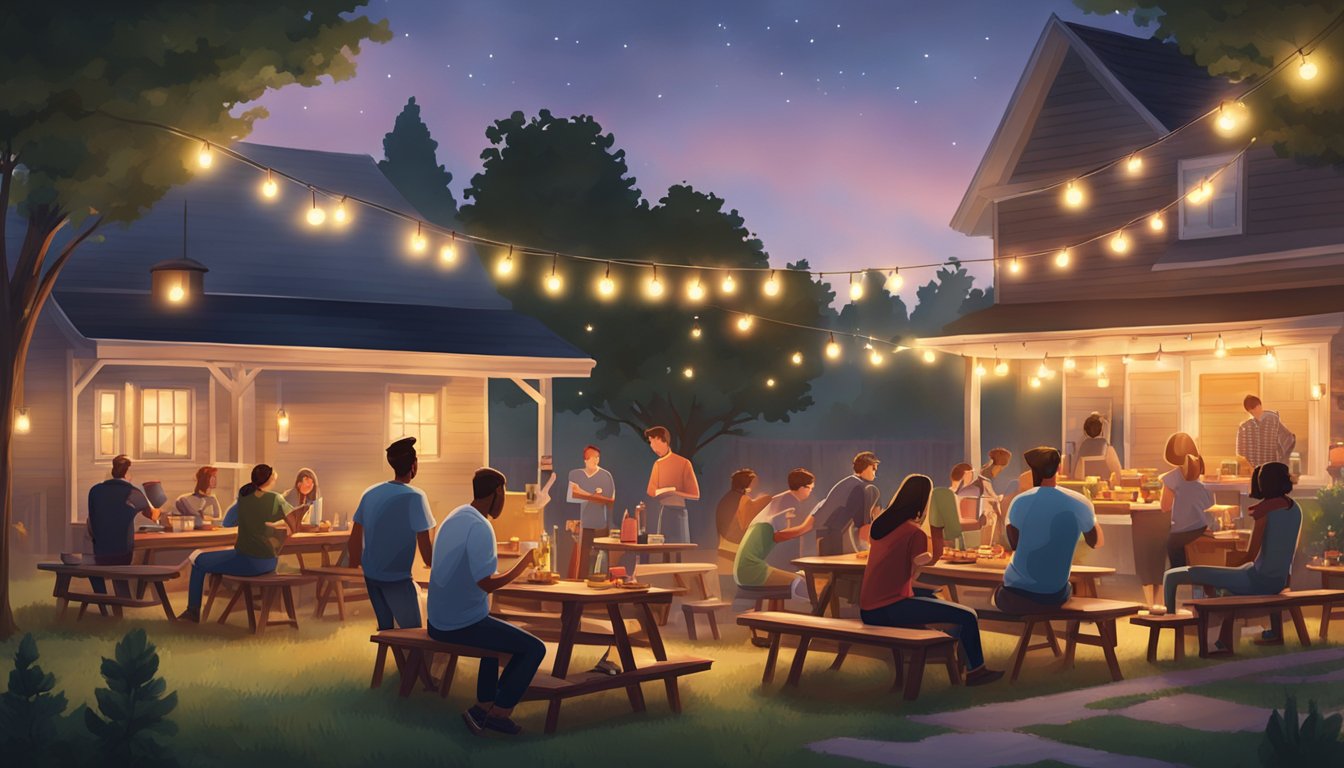 A backyard filled with picnic tables, string lights, and a smoker billowing with fragrant Texas BBQ. A group of friends gather around, tasting and enjoying the smoky flavors