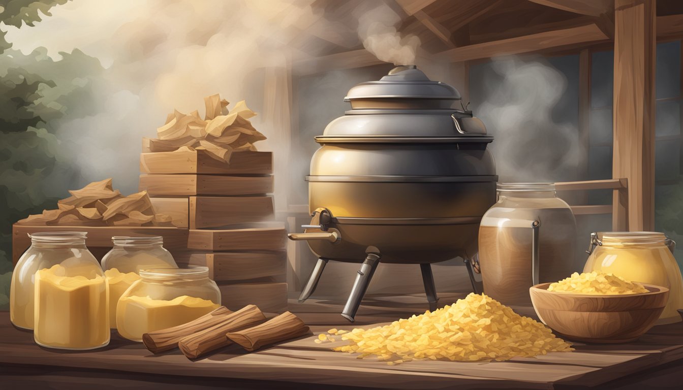 A rustic wooden smoker billowing with fragrant smoke, surrounded by jars of creamy butter and a pile of hickory wood chips