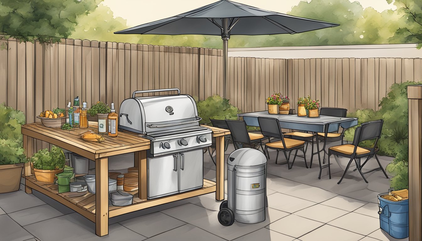 A backyard patio set up for a Texas BBQ tasting party with a grill, picnic tables, and a designated clean-up station with trash bins and hand sanitizer