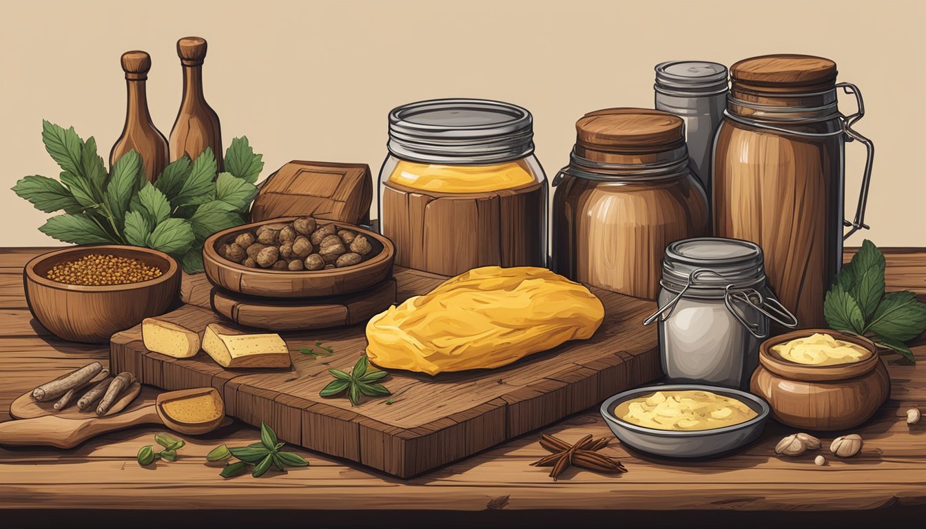 A rustic wooden table with a slab of smoked butter, surrounded by jars of spices and herbs, a smoky BBQ grill in the background