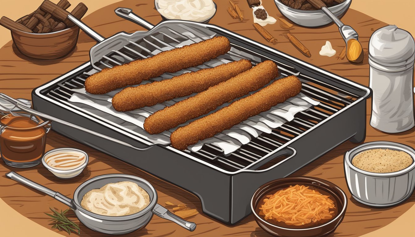 Mozzarella sticks being grilled over a smoky barbecue, surrounded by essential Texas BBQ ingredients like spices, sauces, and wood chips