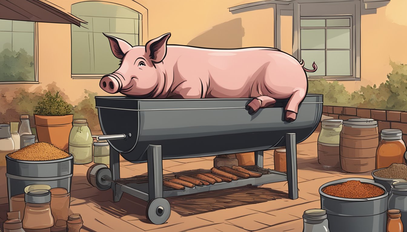 A large whole pig roasting on a spit over a smoky Texas BBQ pit, surrounded by jars of various spices and ingredients for crafting the perfect BBQ rub and sauce