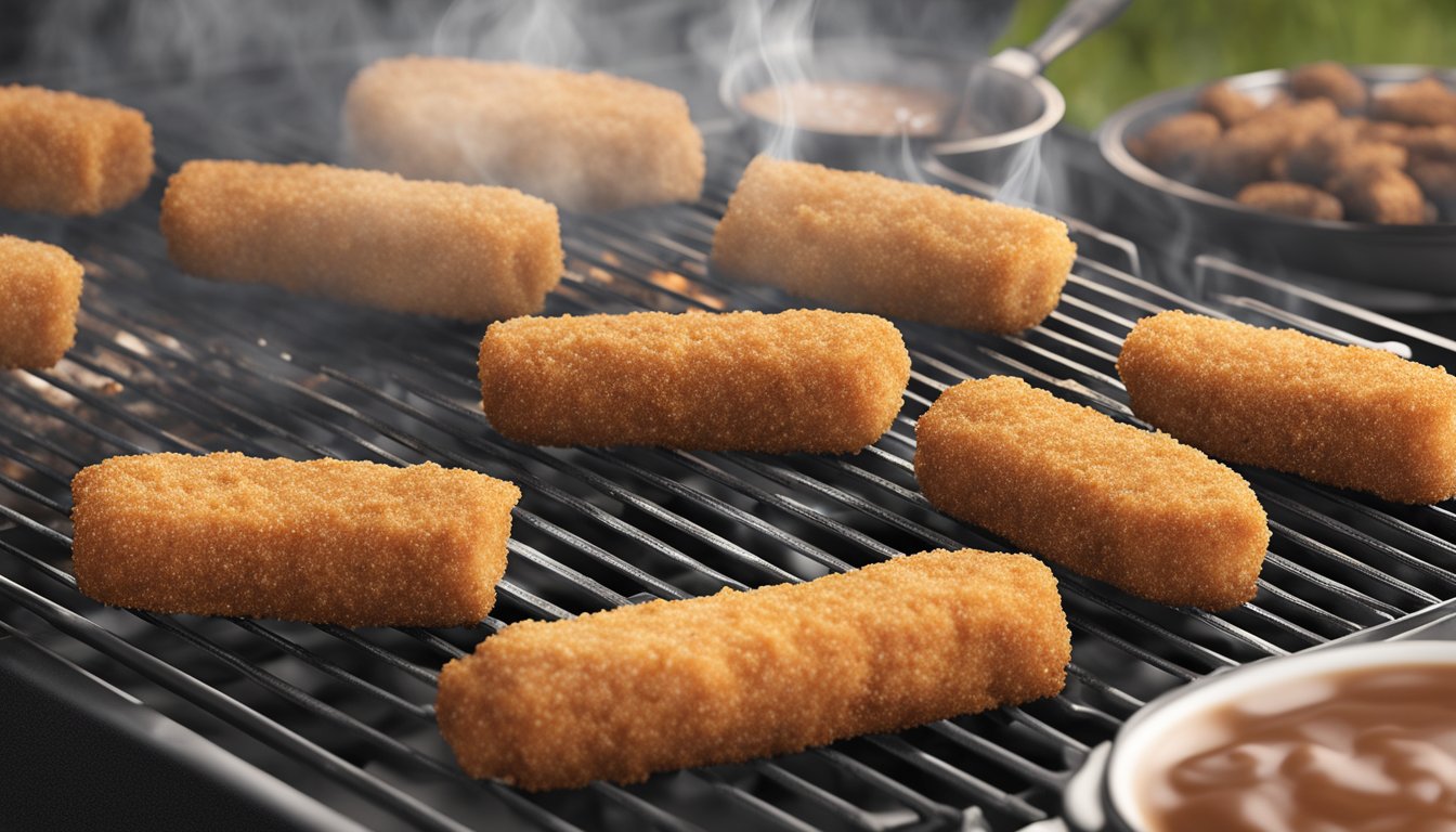 Mozzarella sticks being coated in breadcrumbs and spices, then placed on a grill over smoldering Texas BBQ coals