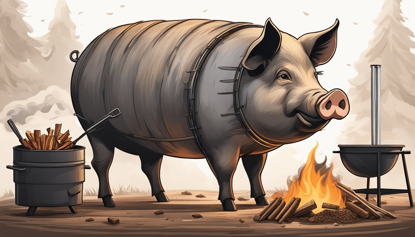 A large whole pig on a spit over an open flame, surrounded by wood chips and charcoal. A Texas BBQ pit with a smoker and grilling tools nearby