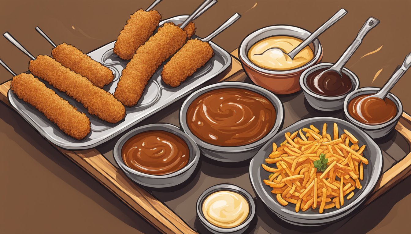 A sizzling grill with golden mozzarella sticks being basted in Texas BBQ sauce, surrounded by bowls of zesty dipping sauces