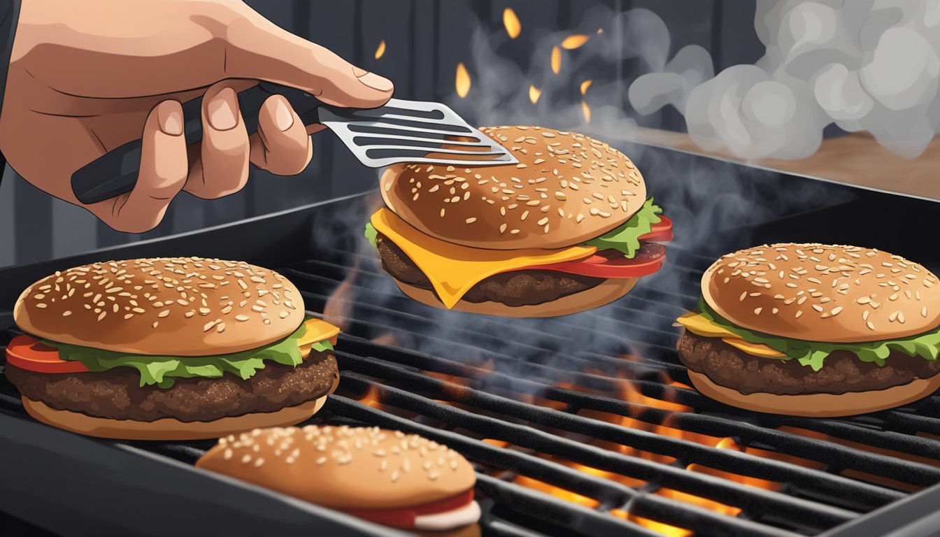 A hand placing a seasoned burger patty onto a sizzling grill over hot coals, with smoke rising and the aroma of barbecue filling the air