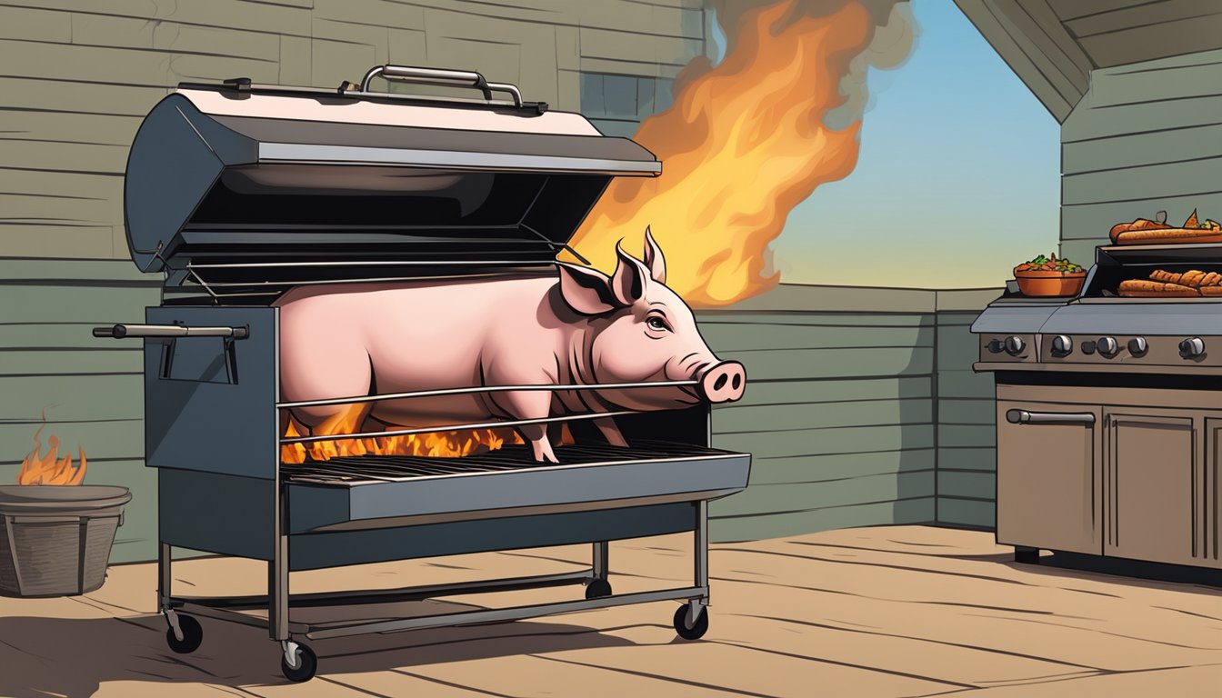 A whole pig roasting on a large Texas-style BBQ grill, with flames licking the edges and smoke billowing upwards