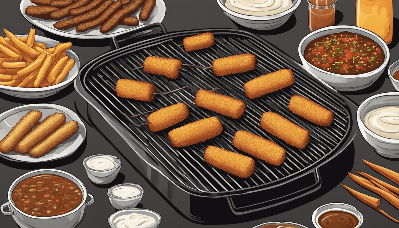 A sizzling grill with mozzarella sticks cooking over open flames, surrounded by a spread of barbecue seasonings and sauces