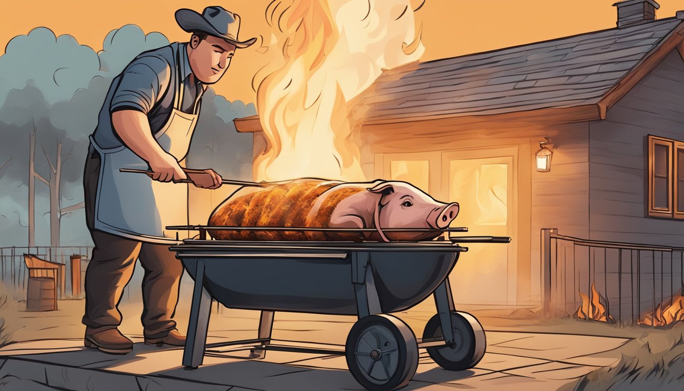 A whole pig roasting on a large grill, surrounded by flames and smoke, with a Texas BBQ pitmaster overseeing the process