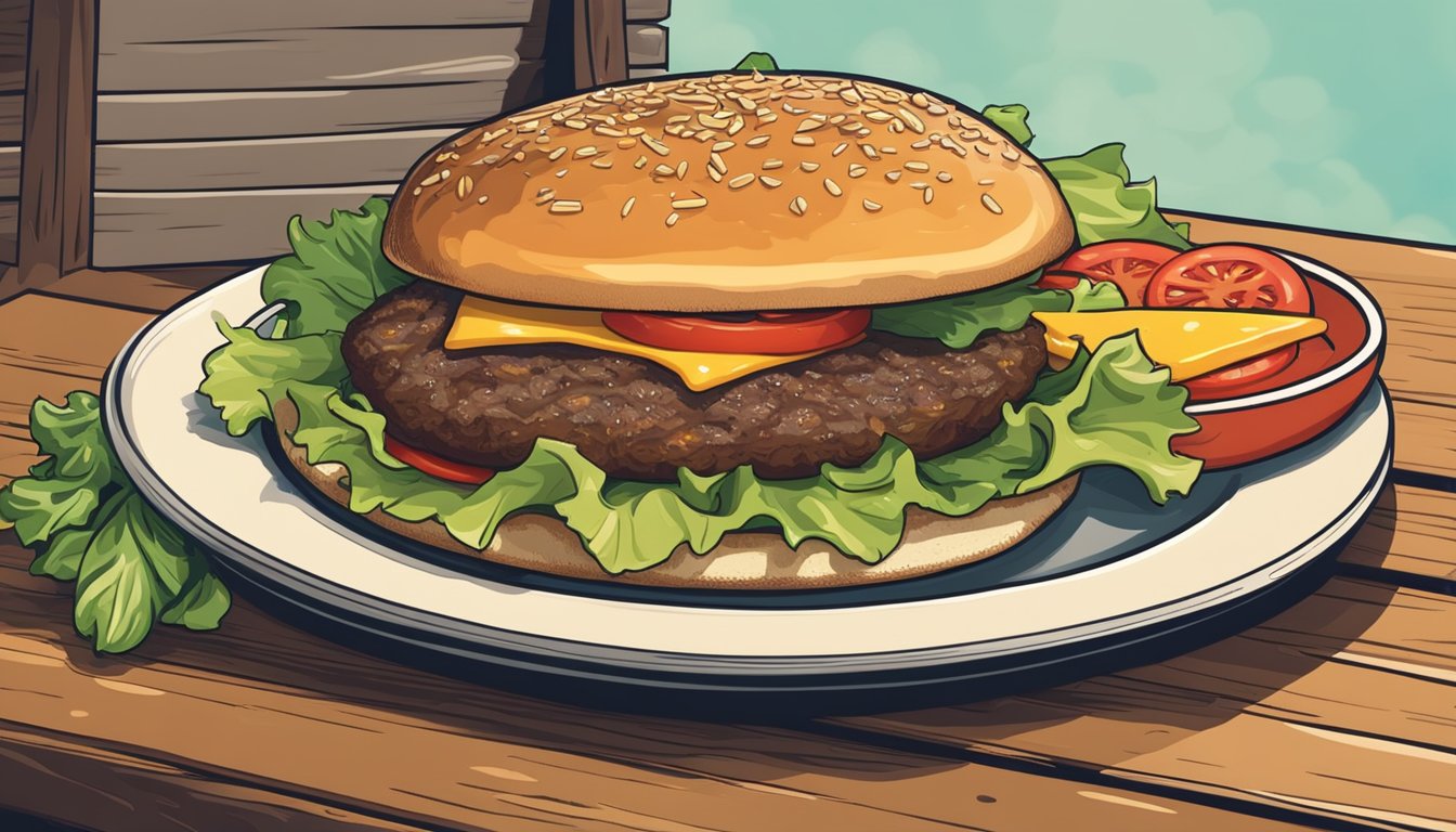 A platter with a perfectly grilled medium rare burger, topped with melted cheese and surrounded by fresh lettuce, tomato, and pickles, sits on a rustic wooden table next to a grill