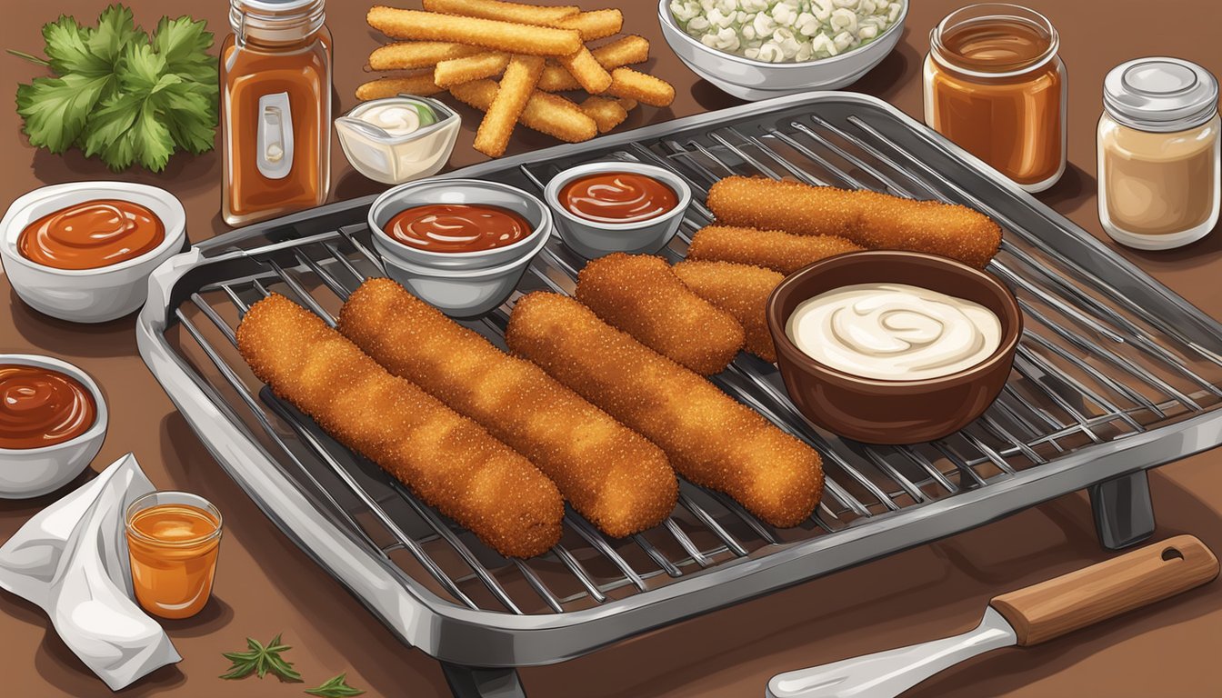 A grill with sizzling mozzarella sticks, surrounded by BBQ sauce and seasoning