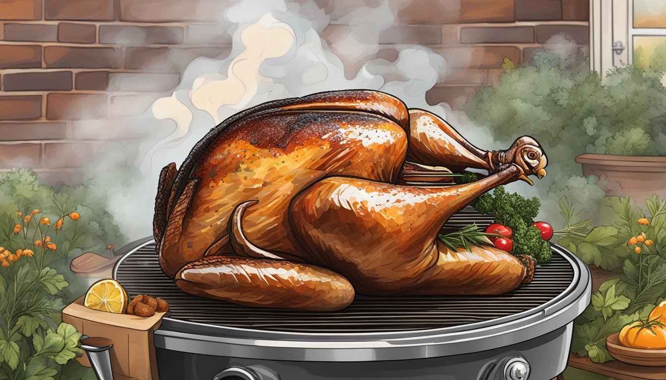 A whole turkey on a grill, surrounded by Texas BBQ style seasonings and herbs, with smoke rising from the grill