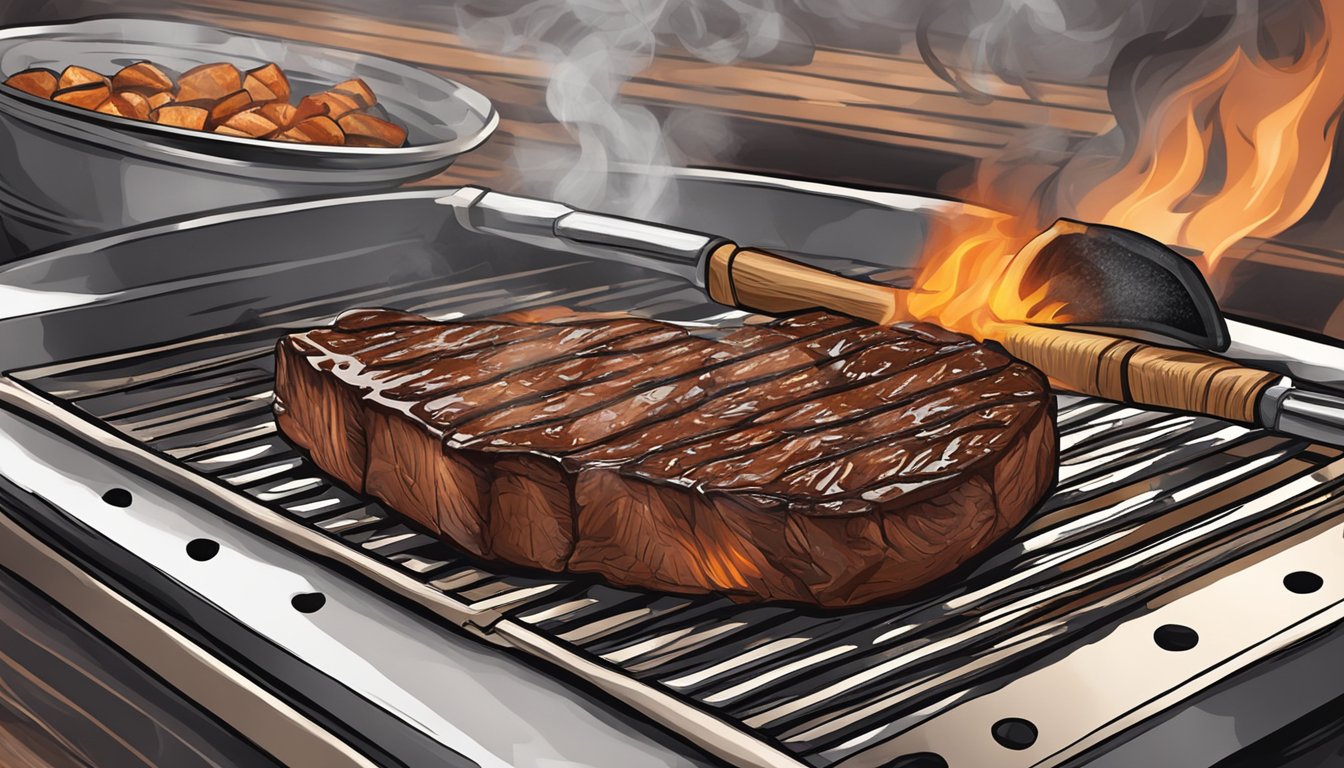 A tomahawk steak resting on a grill, searing over open flames with a smoky Texas BBQ sauce being brushed on