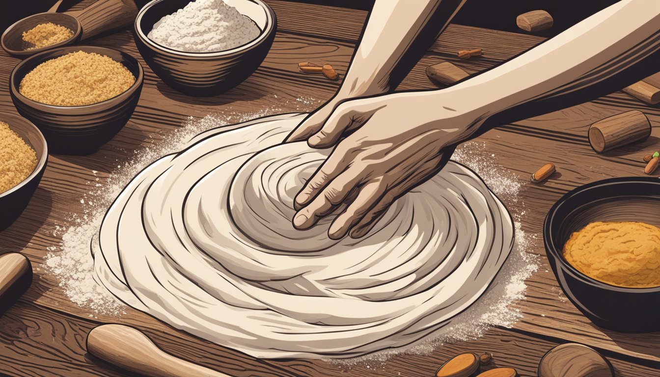 A pair of hands kneading dough on a wooden surface, surrounded by bowls of flour, spices, and a rolling pin