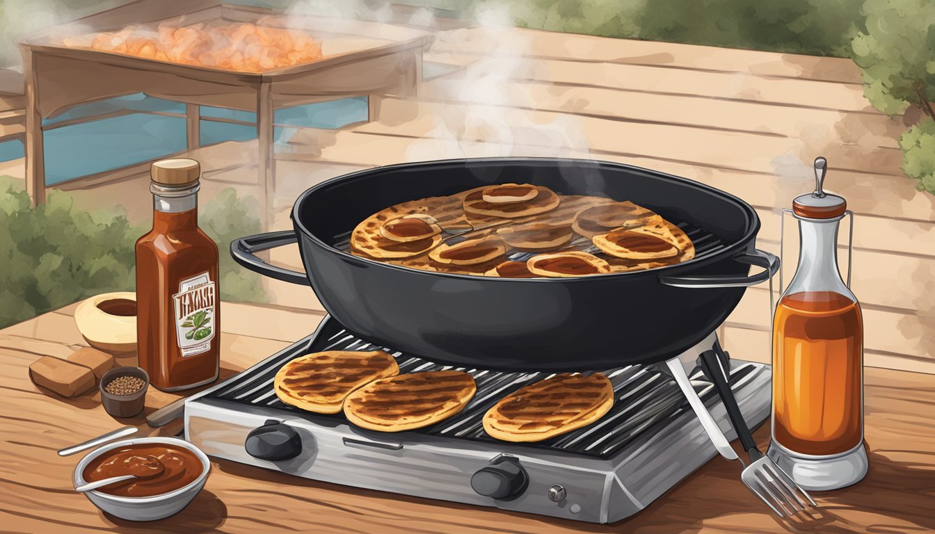 A grill with flatbreads cooking over open flames, surrounded by Texas BBQ sauce, spices, and grilling utensils