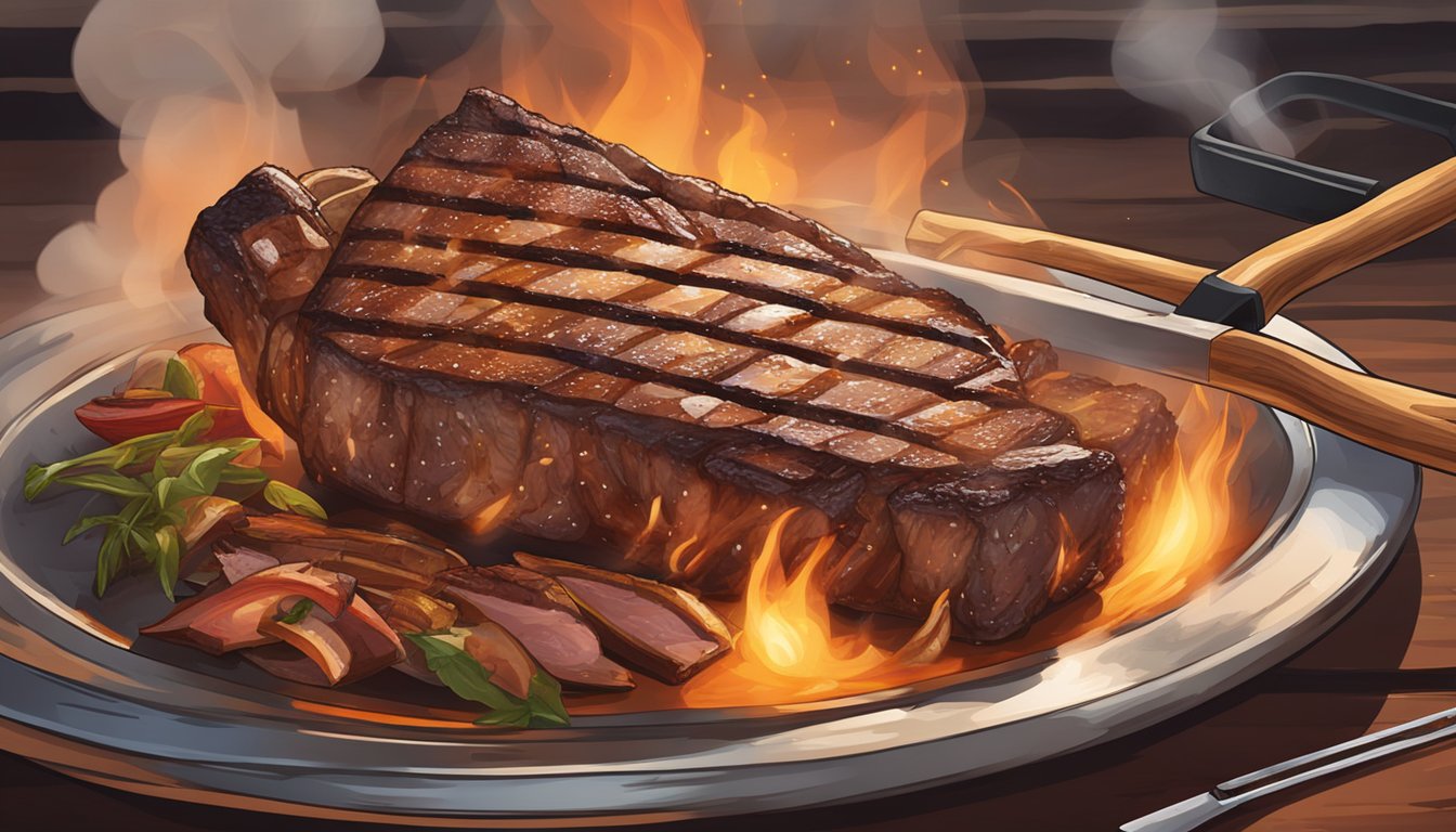 The tomahawk steak sizzles on the grill, surrounded by a cloud of smoke and the warm glow of the BBQ flames