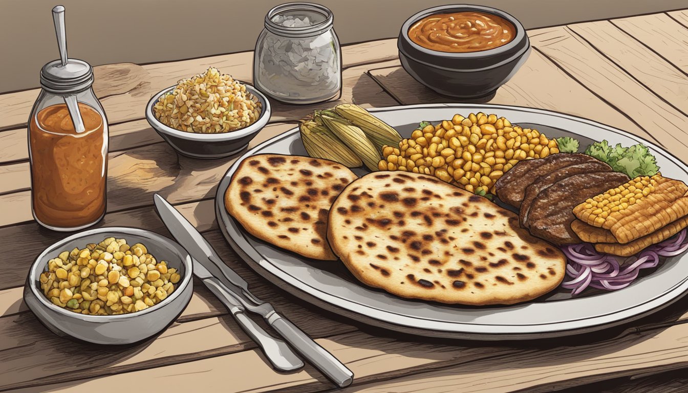 A rustic wooden table topped with a platter of grilled flatbreads smothered in Texas BBQ sauce, surrounded by charred corn on the cob and a bowl of tangy coleslaw