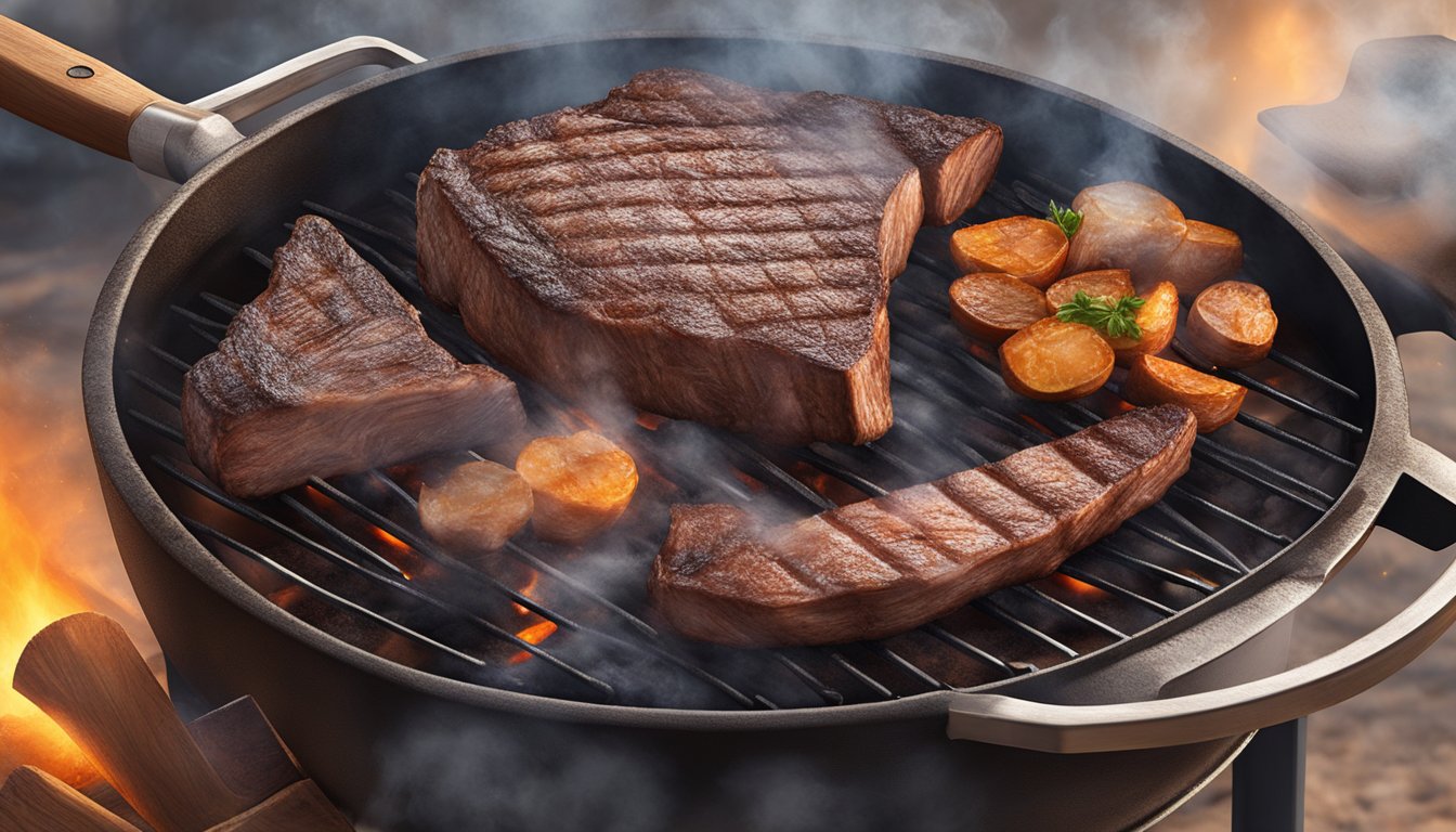 A tomahawk steak sizzling on a hot grill, smoke rising as it cooks to perfection, surrounded by the Texas BBQ essentials