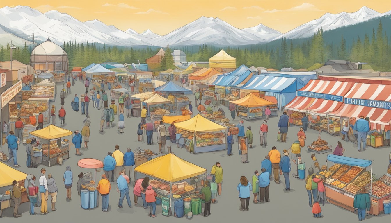 Colorful food vendors line the fairgrounds, offering a variety of culinary delights. The aroma of sizzling meats, sweet treats, and savory snacks fills the air. Crowds gather to sample the best of Alaska's cuisine