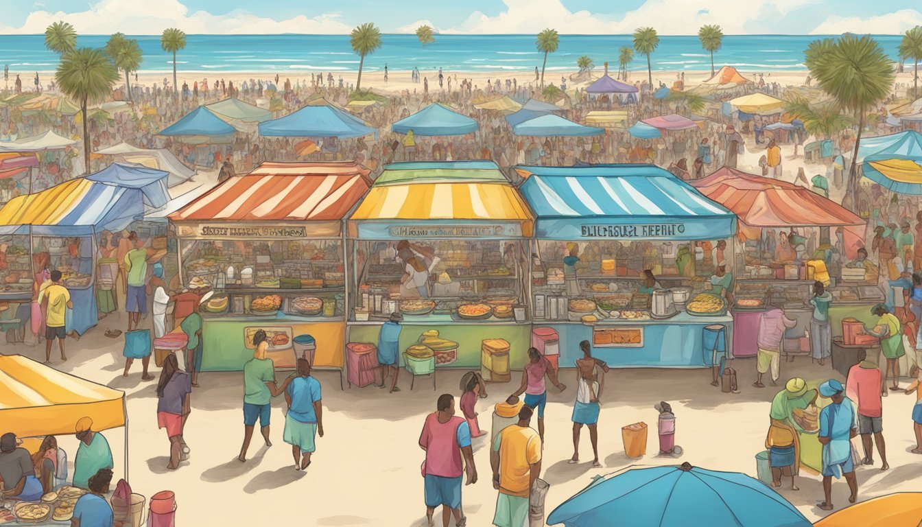 Colorful food vendors line the beach, serving up a variety of dishes to a crowd of festival-goers at the Hangout Music Festival in Alabama