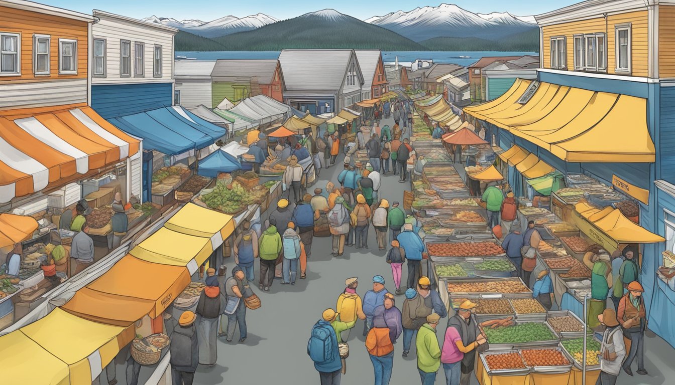 Vendors line the streets, offering fresh seafood and local delicacies at Sitka Whalefest, one of Alaska's best food festivals