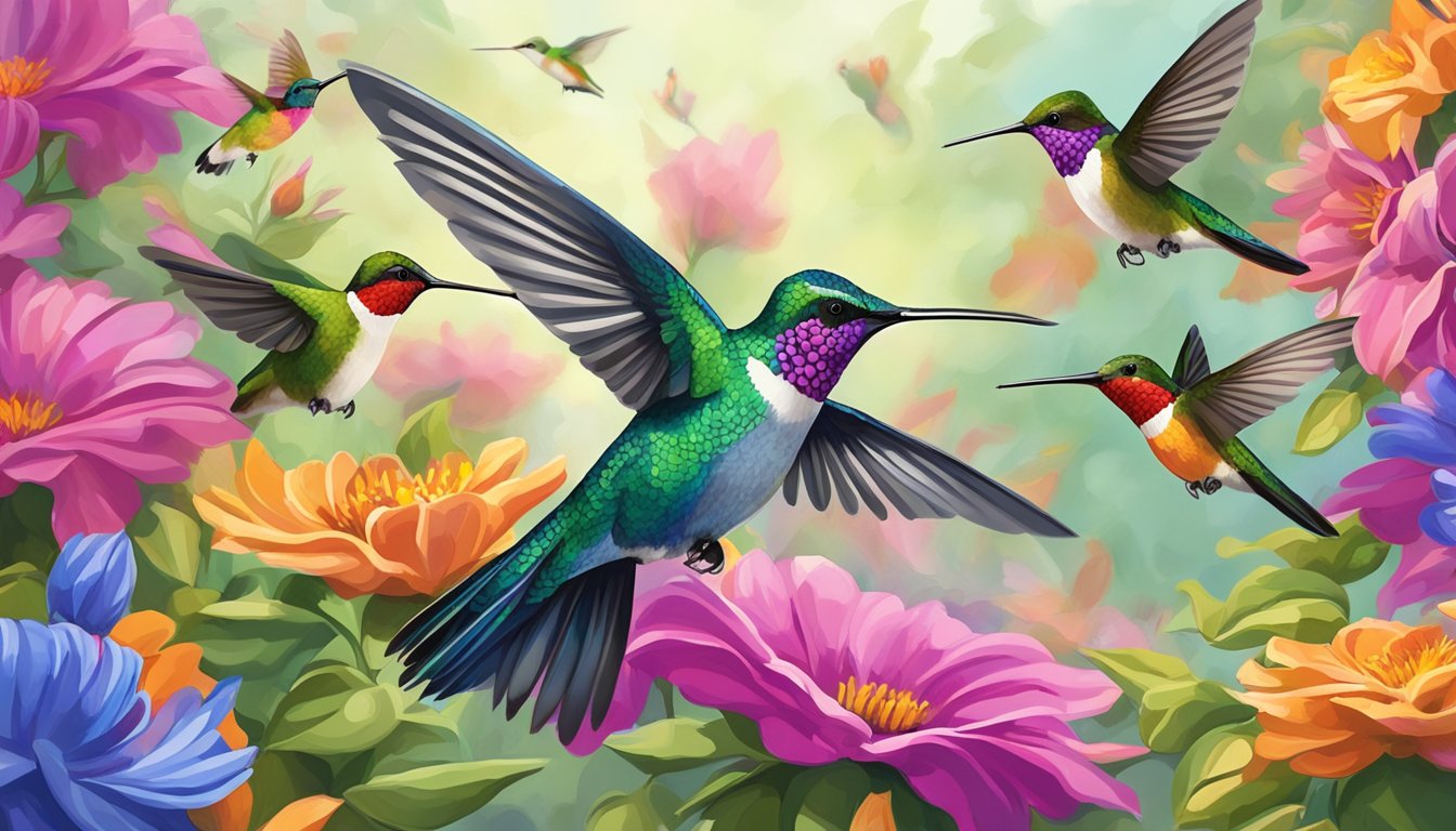 Colorful hummingbirds flocking around vibrant flower-filled feeders at the Alaska Hummingbird Festival