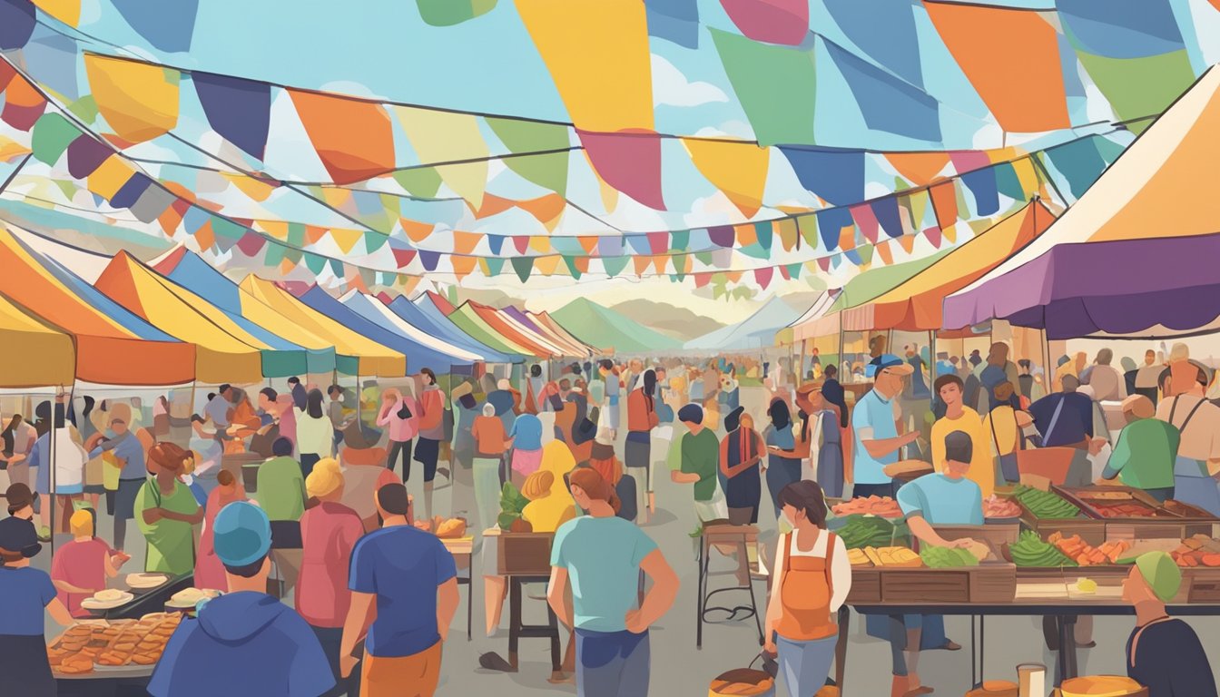 A bustling outdoor food festival with colorful tents, people sampling dishes, and live music filling the air