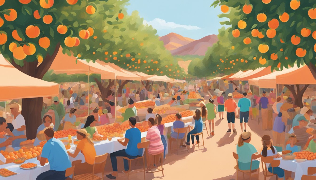 Vibrant peach festival at Apple Annie's Orchard: rows of ripe peaches, lively music, and families enjoying delicious treats under the Arizona sun