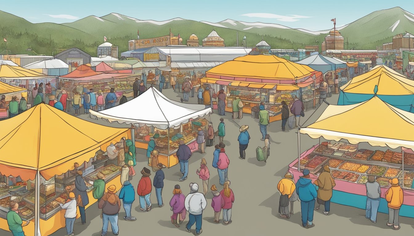 Colorful food vendors line the bustling fairgrounds, offering a variety of delicious treats. The aroma of sizzling meats and sweet confections fills the air as visitors sample the best of Alaskan cuisine