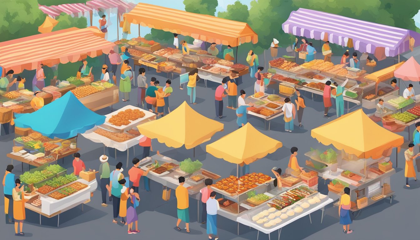 Colorful food vendors line the festival grounds, offering a variety of dishes to eager festival-goers. The aroma of sizzling meats and fresh produce fills the air, creating a lively and appetizing scene