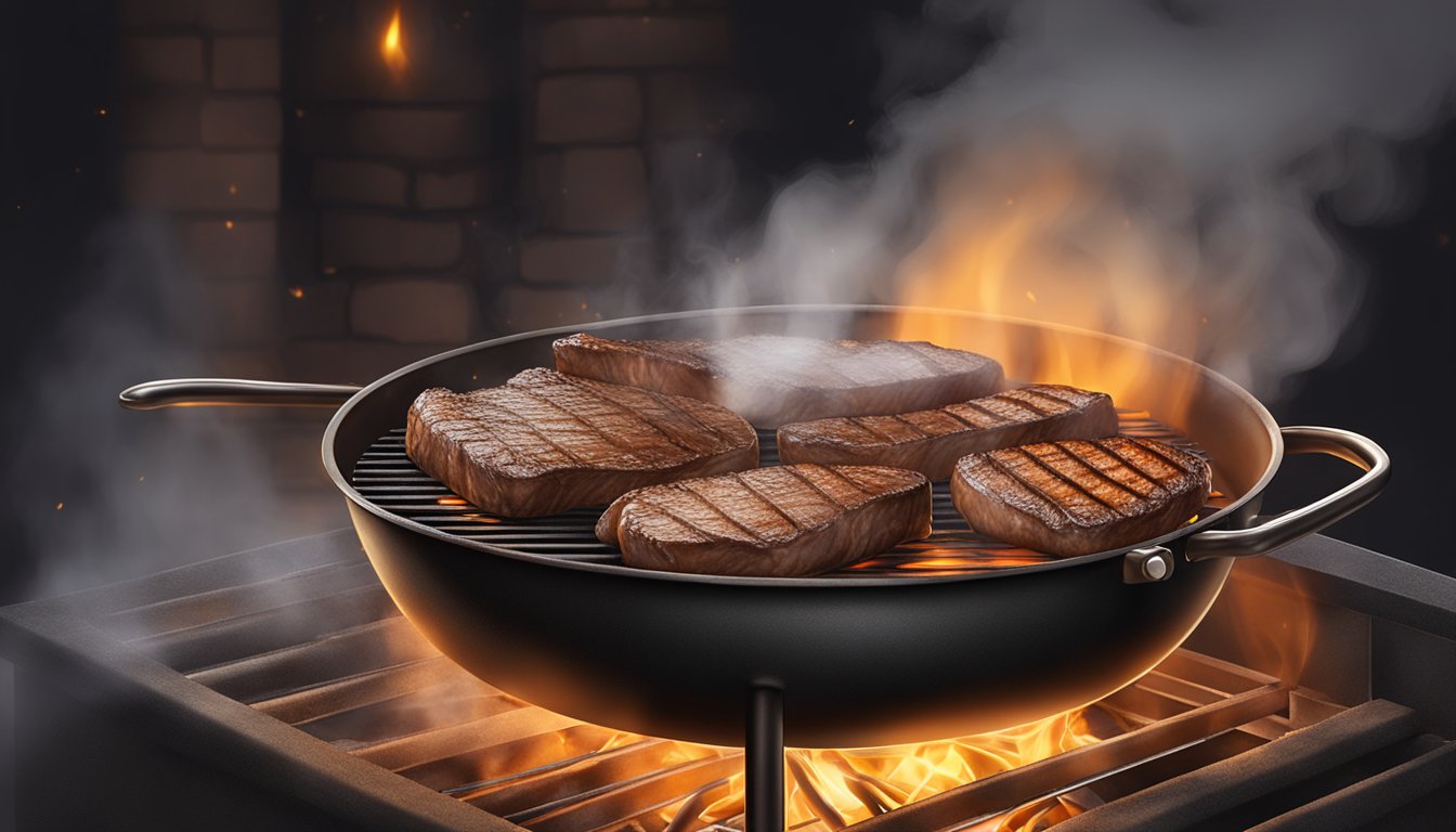 A venison steak sizzling on a hot grill, surrounded by a cloud of smoke and the warm glow of a Texas BBQ pit