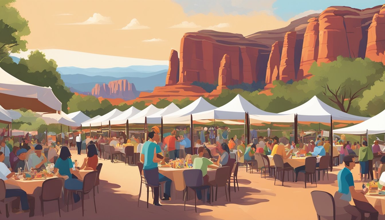 Vibrant tents and tables line the festival grounds, filled with an array of delectable food and wine offerings. The backdrop of Sedona's red rock formations adds a stunning natural element to the scene