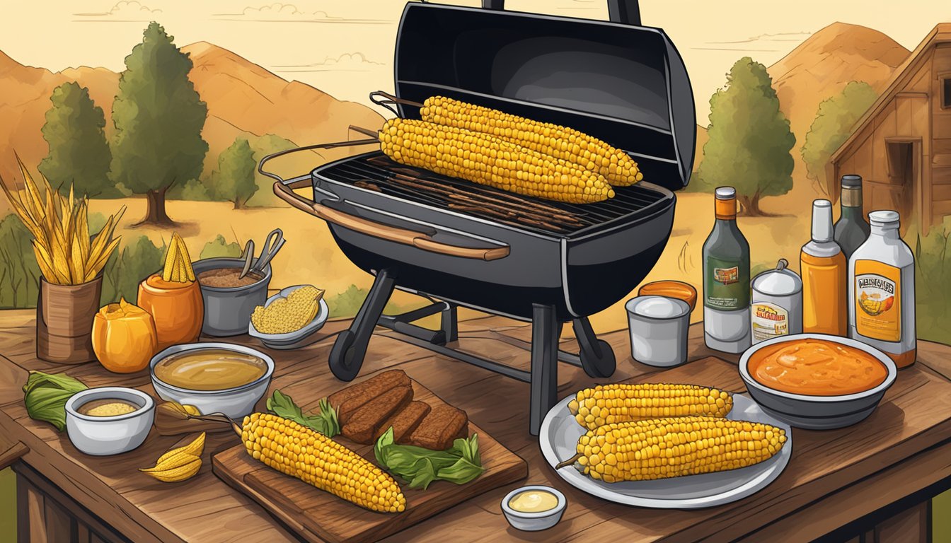 A grill with corn on the cob cooking over open flames, surrounded by Texas BBQ seasonings and sauces