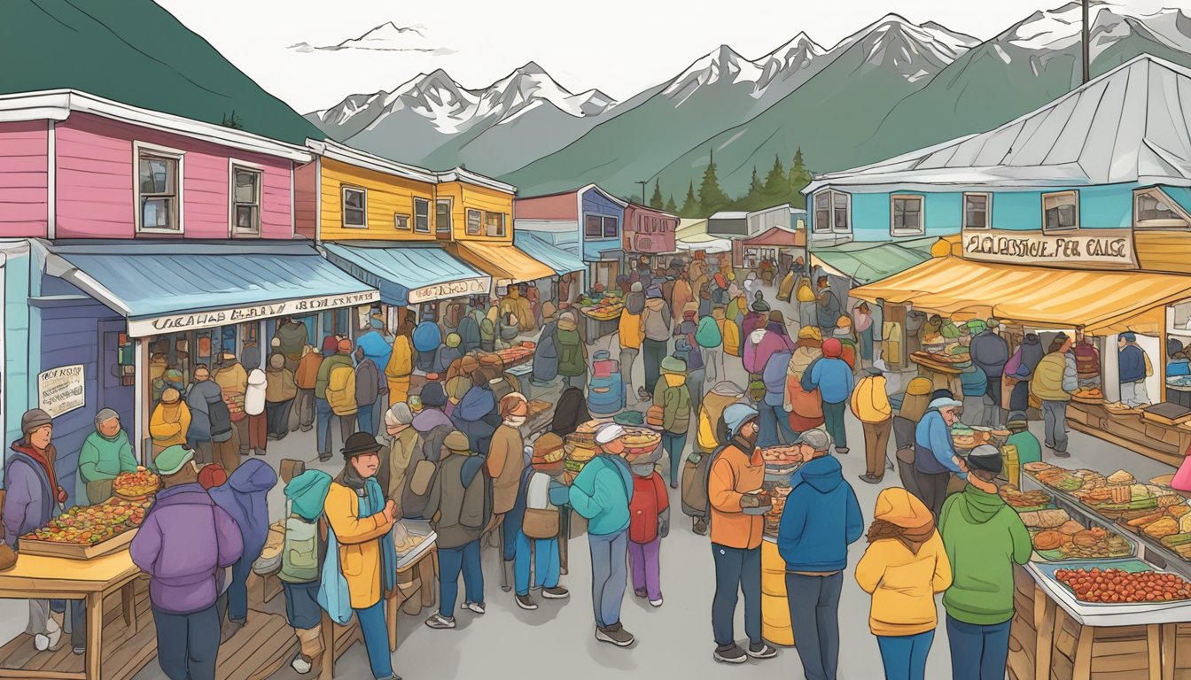 Colorful food stalls line the bustling streets of Valdez, Alaska, as locals and tourists alike gather to sample the best of the Gold Rush Days food festivals