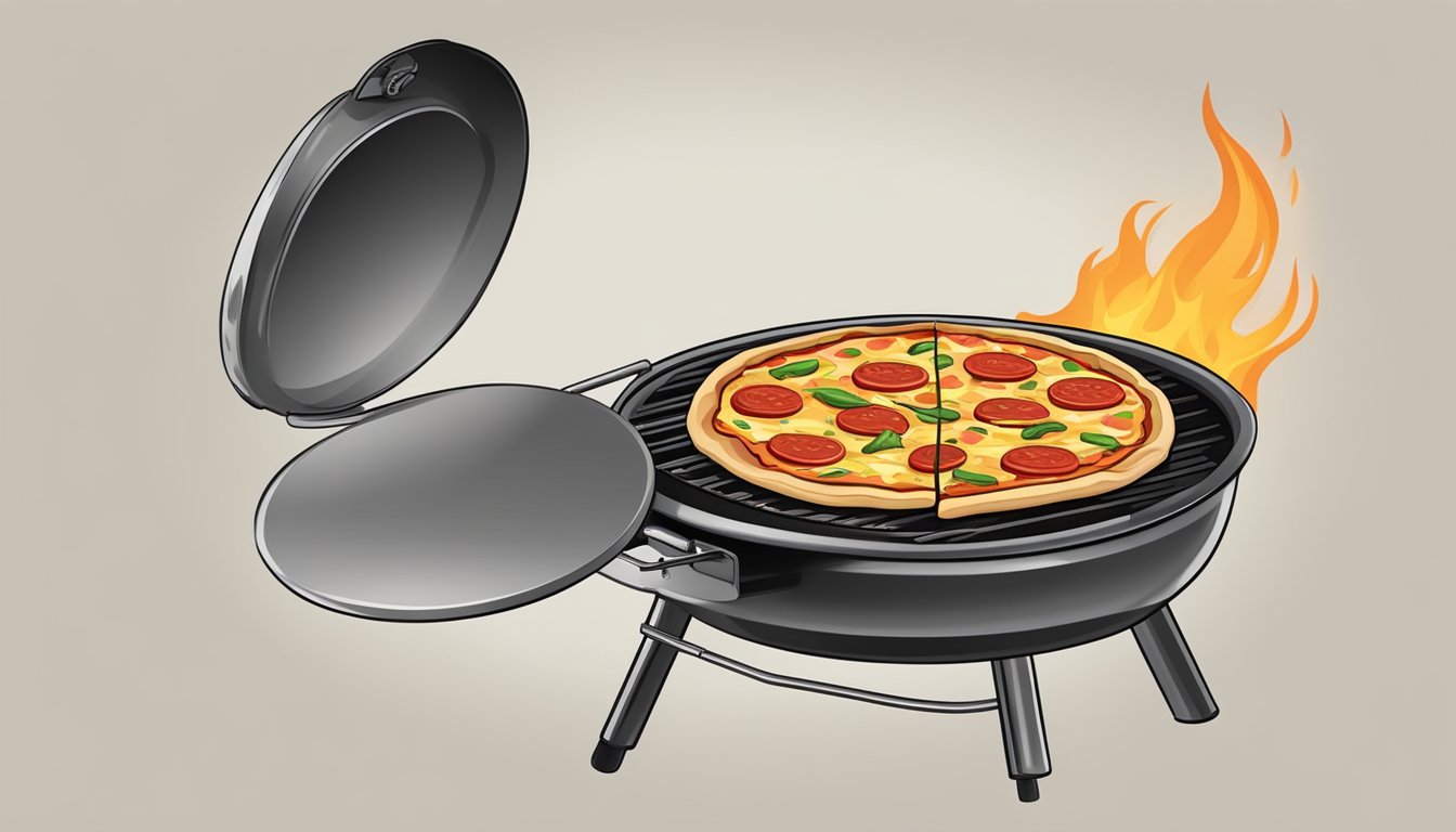 A grill with flames underneath, a pizza stone inside, and a metal pizza peel ready to transfer the pizza in and out of the grill