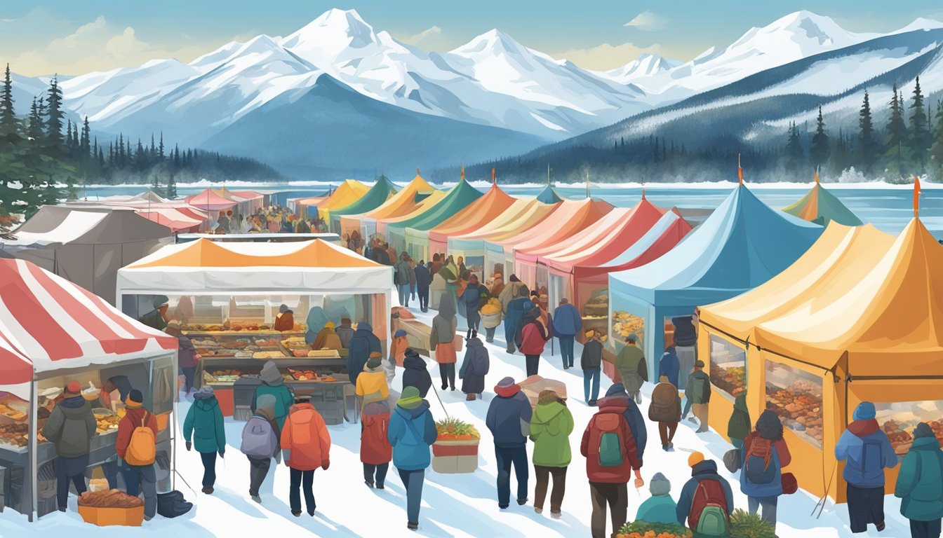 A bustling Alaskan food festival, with vendors selling fresh seafood, wild game, and traditional native dishes under colorful tents amidst a backdrop of snow-capped mountains