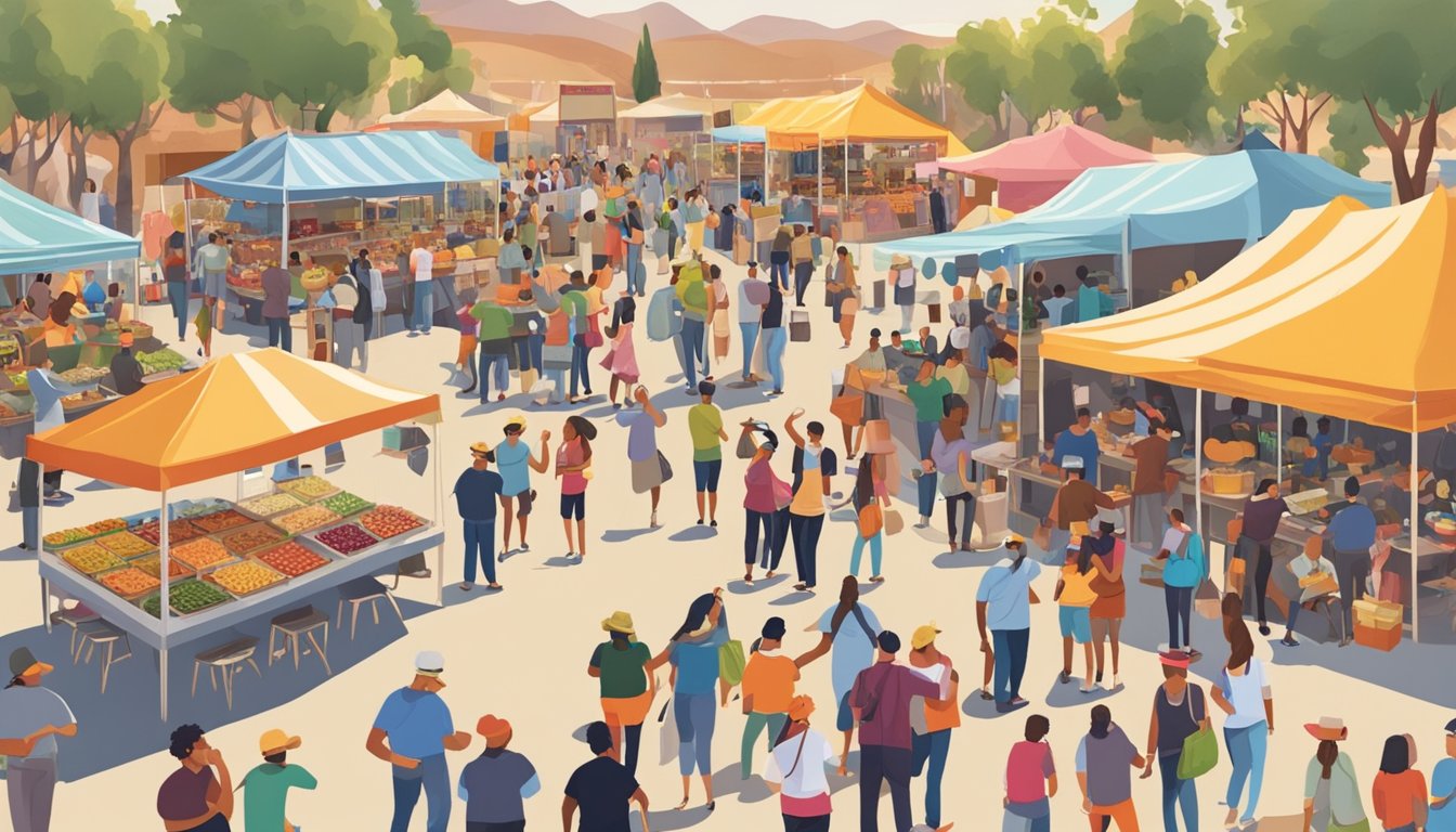 A bustling food festival in Arizona, with vendors selling a variety of cuisines, live music, and crowds of people enjoying the festivities