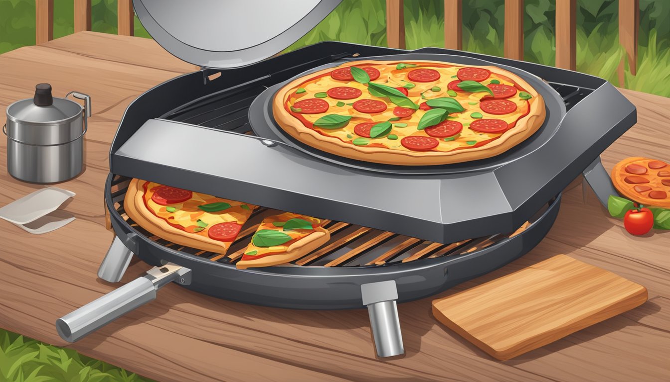 A grill with a pizza stone inside, surrounded by wood chips for smoking, with a thermometer gauge and a pizza peel nearby