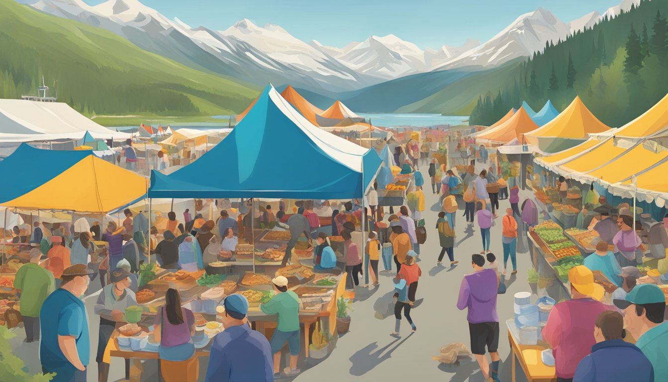 A bustling outdoor food festival in Alaska, with colorful tents and banners, showcasing seasonal variations and highlights of local cuisine