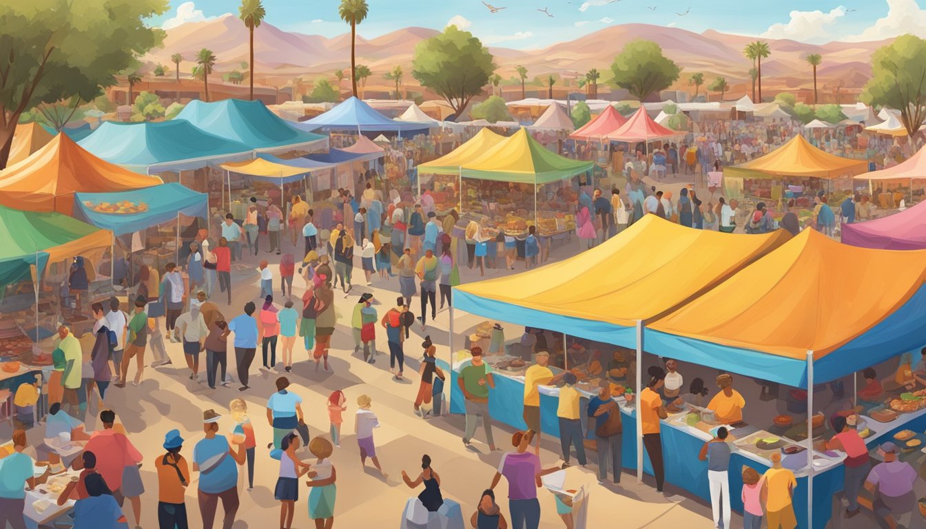 A bustling food festival in Arizona, with colorful tents, lively music, and a diverse crowd enjoying local cuisine and community spirit