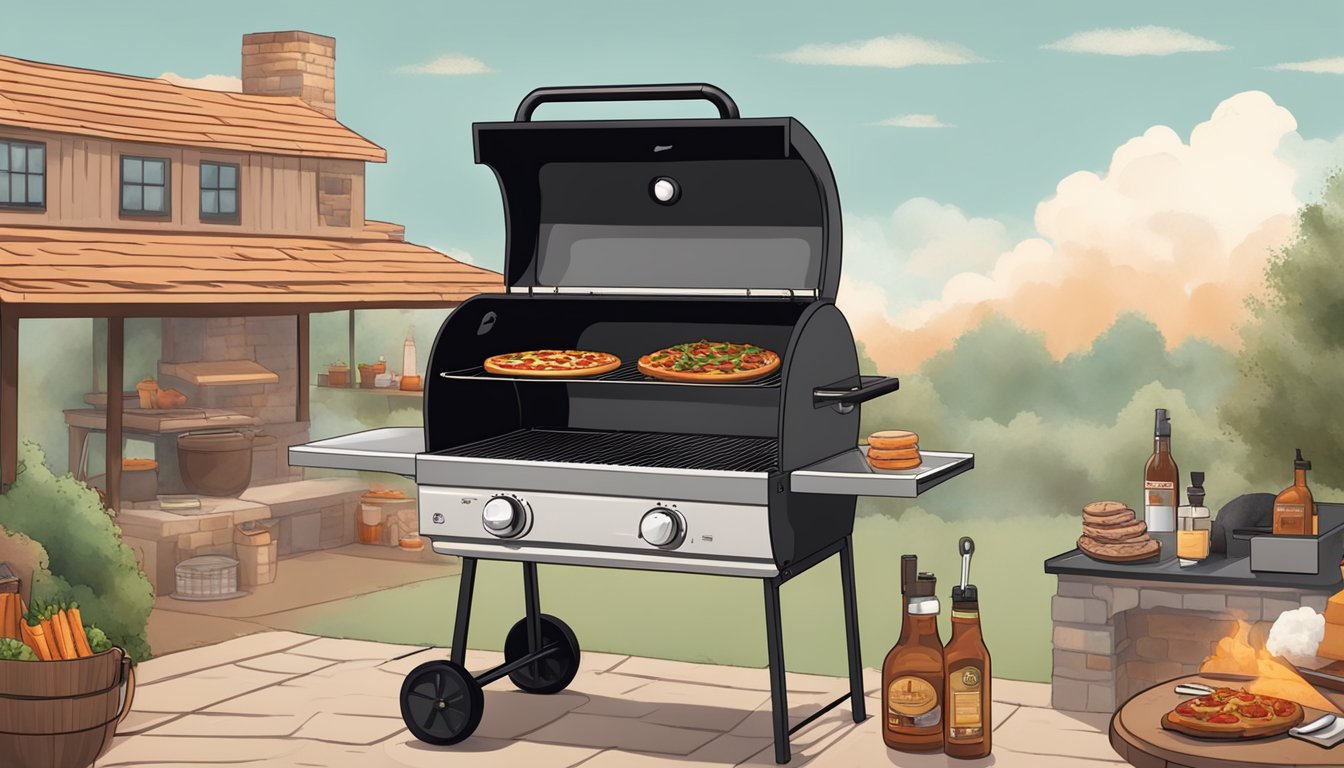 A grill with added pizza oven attachment, surrounded by Texas BBQ ingredients and tools, with a smoky haze in the air