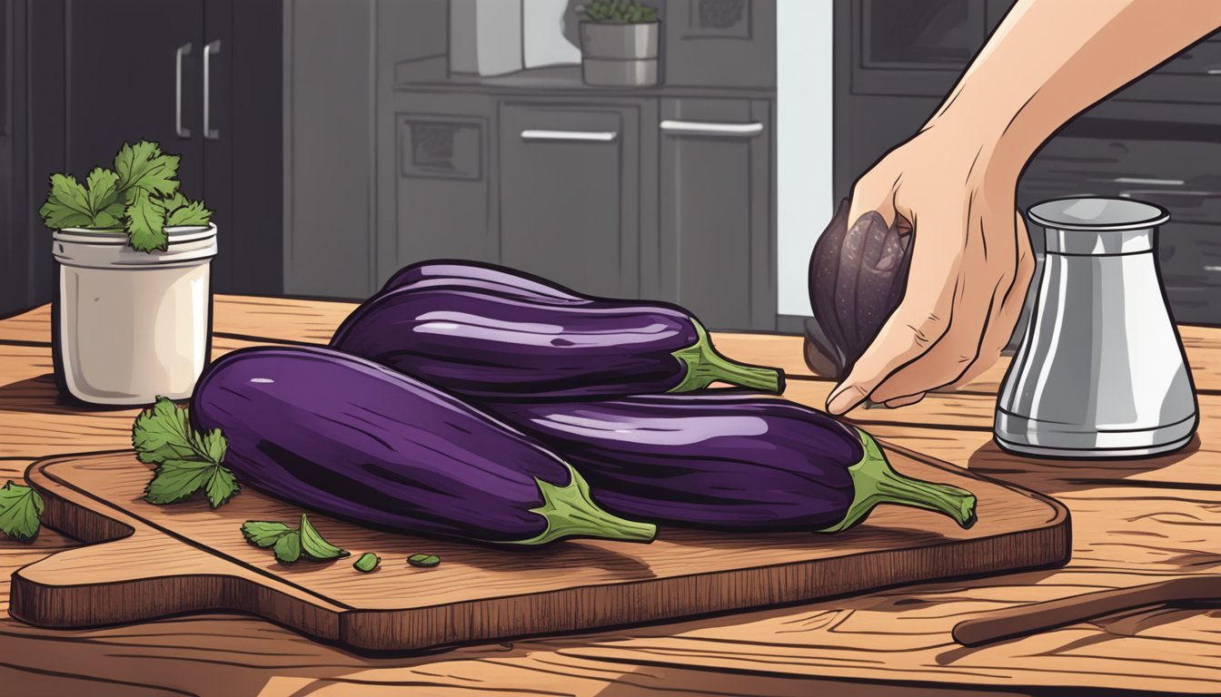 A hand reaching for a firm, glossy eggplant on a wooden cutting board, with a grill and Texas BBQ seasonings in the background