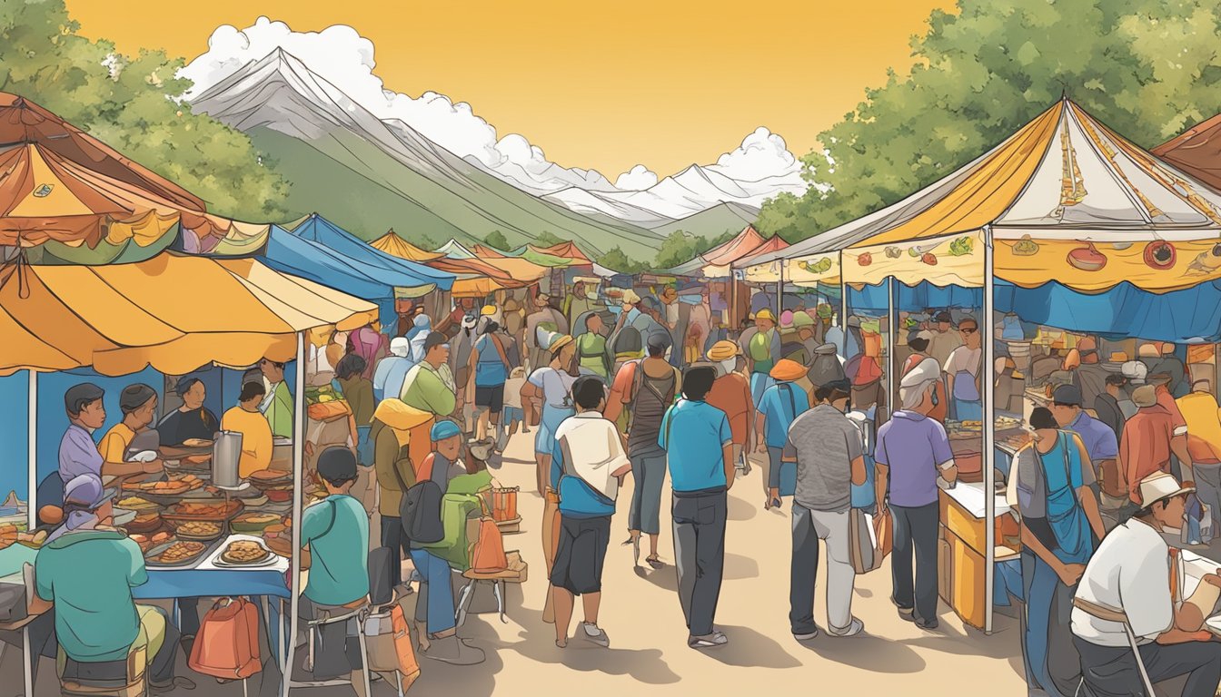 Colorful food vendors line the festival grounds, offering a variety of dishes from traditional Asian cuisine to modern fusion creations. The aroma of sizzling meats and spices fills the air as visitors sample the best of Colorado's culinary scene