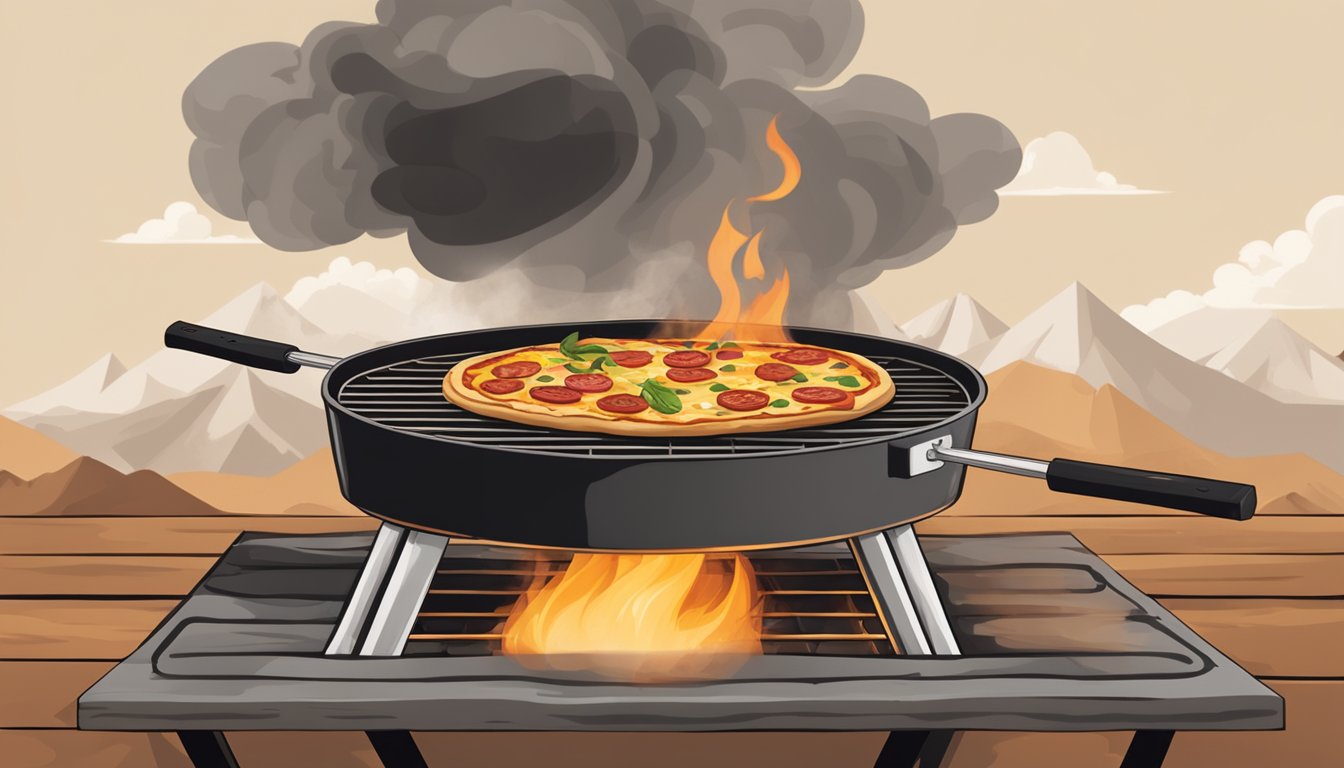 A grill with a pizza stone inside, flames licking the edges, smoke rising, and a rustic Texas BBQ backdrop